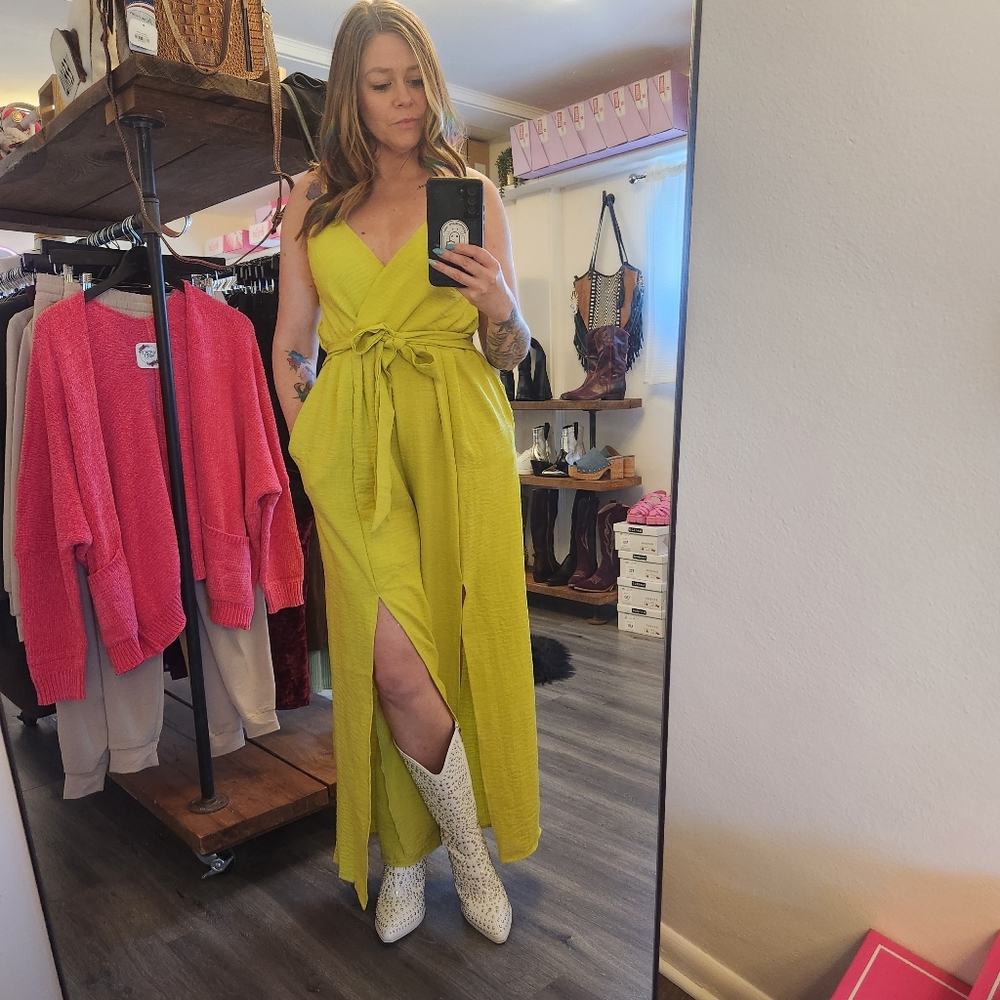 Jade By Jane Lime Green Sleeveless Split Leg‎ Jumpsuit Women's Size XL